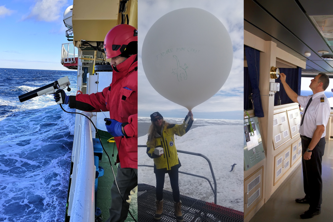 A photograph in 3 parts: left, an eXpendable BathyThermograph (XBT) launch; center: a weather ballon launching; right: a man checking a weather station aboard a ship.