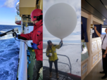 A photograph in 3 parts: left, an eXpendable BathyThermograph (XBT) launch; center: a weather ballon launching; right: a man checking a weather station aboard a ship.
