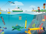 An illustration showing several instruments observing the ocean: a drifting buoy, a moored platform, an autonomous glider, sensors on the back of a sea turtle, a profiling float, a research vessel with a CTD rosette. Information is sent to a satellite. On the shore, there is a sea level gauge. Two children are studying the water while an adult woman watches over them.